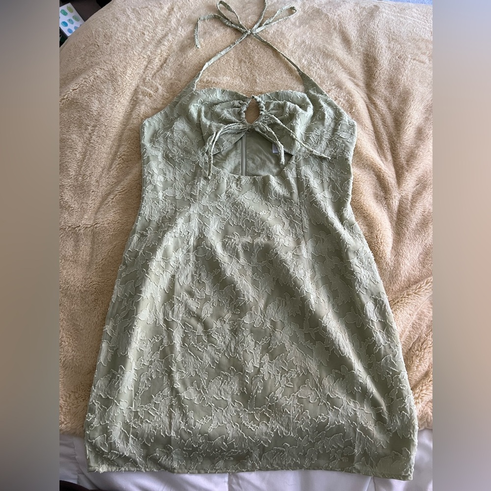 Princess Polly Sage Green Halter Mini Dress with Bow Front